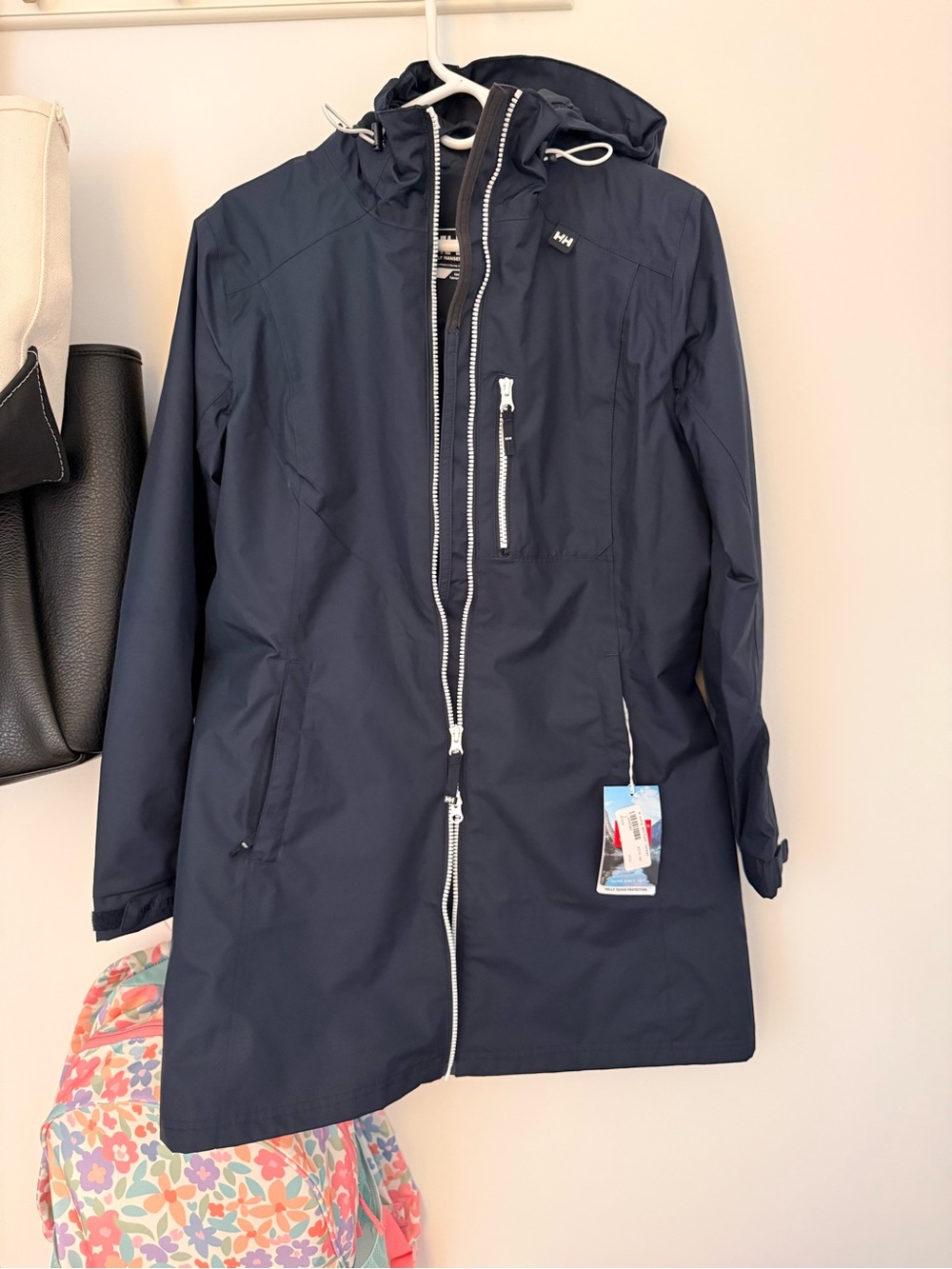 Helly Hansen Navy Hooded Trench Coat with White Zippers